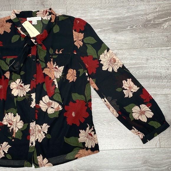 NWT Monteau Los Angeles Black Floral Long Sleeve Blouse XL - Picture 8 of 16